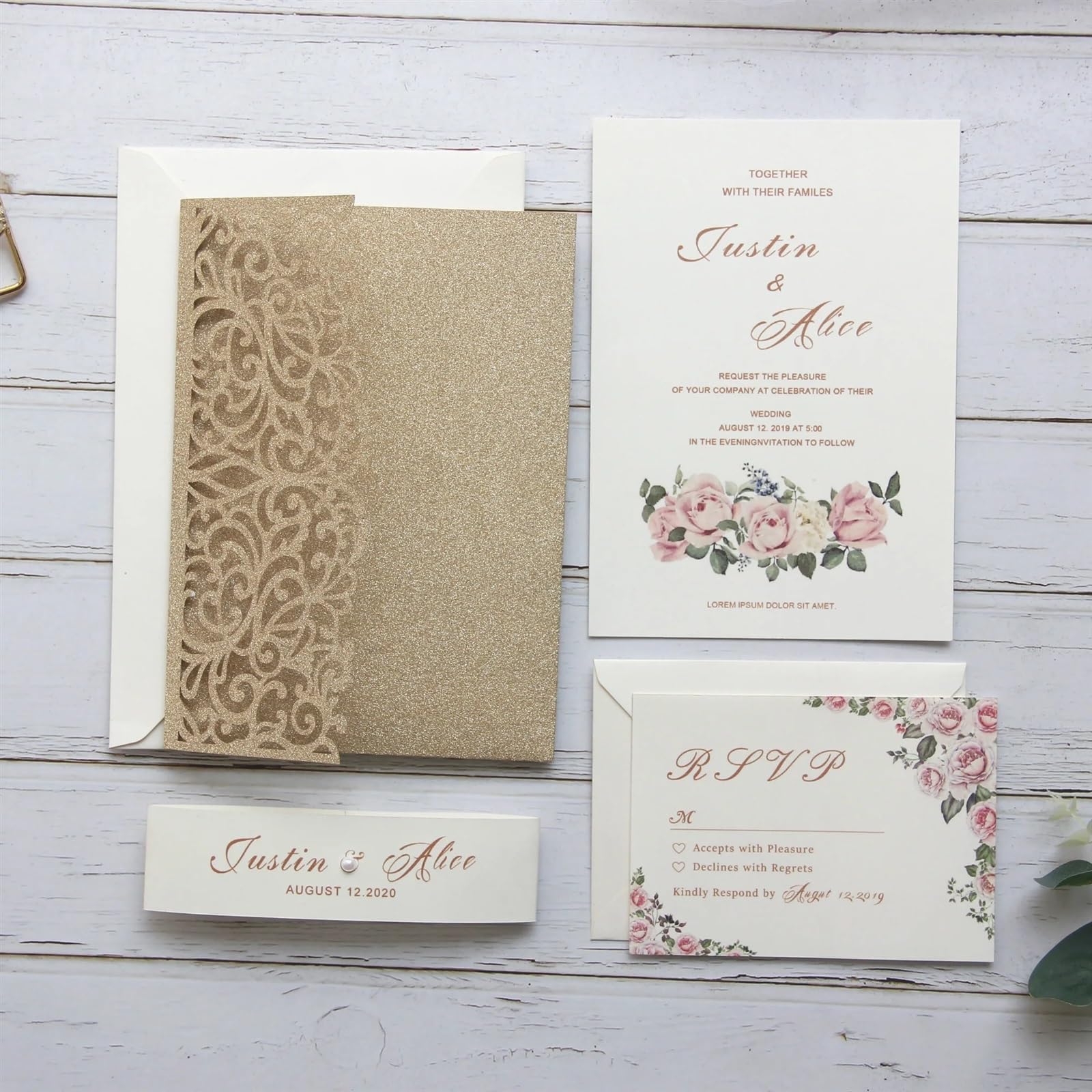 Hochzeitseinladungen Karte Drucken Sie benutzerdefinierte, lasergeschnittene Hochzeitseinladungskarten mit glitzerndem Einladungsset und dreifach gefalteten Tascheneinladungen mit Umschlag Hochzeitska
