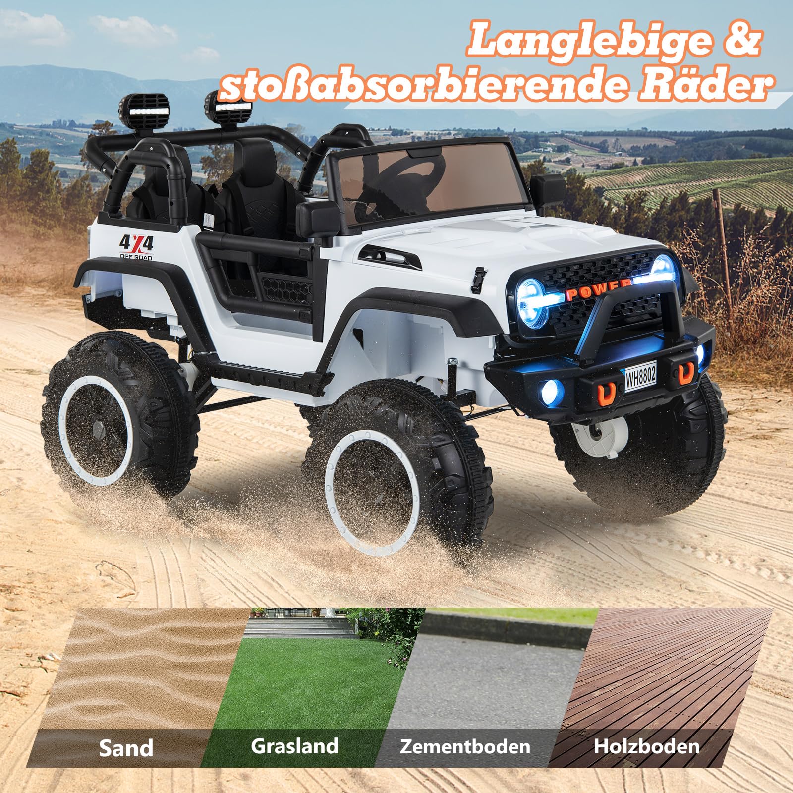 COSTWAY 2-Sitzer Elektroauto für Kinder, 24V Kinderfahrzeug mit Fernbedienung & Schaufel, Elektrofahrzeug mit Musik & Geschichten & USB & Hupe, Elektro Auto für Kinder ab 3 Jahren (Weiß)