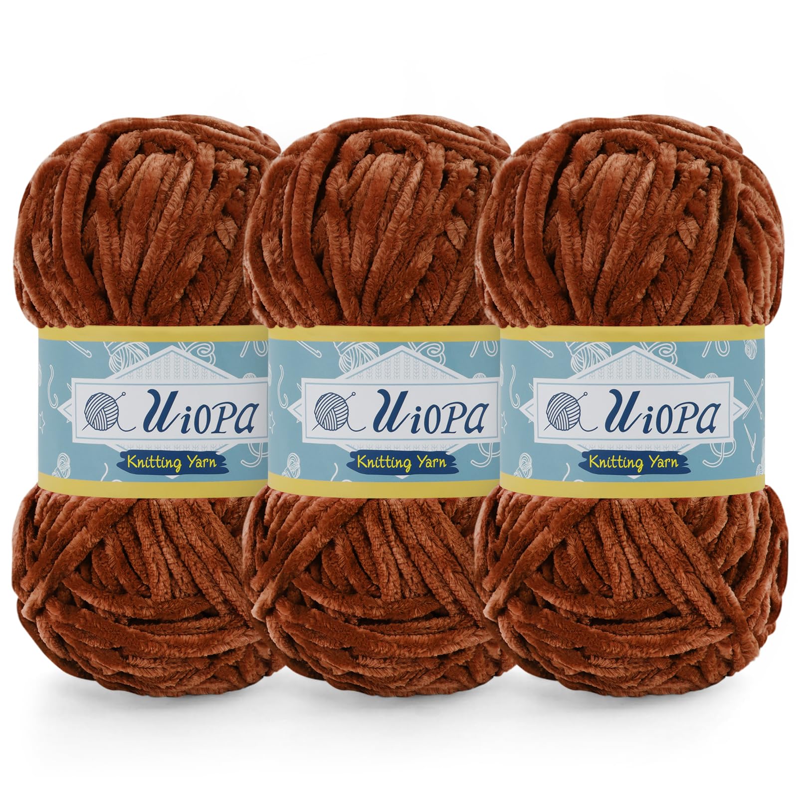 Uiopa 3 x 100g Chunky Chenille Yarn, Plush Velvet Yarn Thick Chenille Wool, Caramel Fluffy Crochet Chunky Wool for Amigurumi Blankets Clothes DIY Crafts