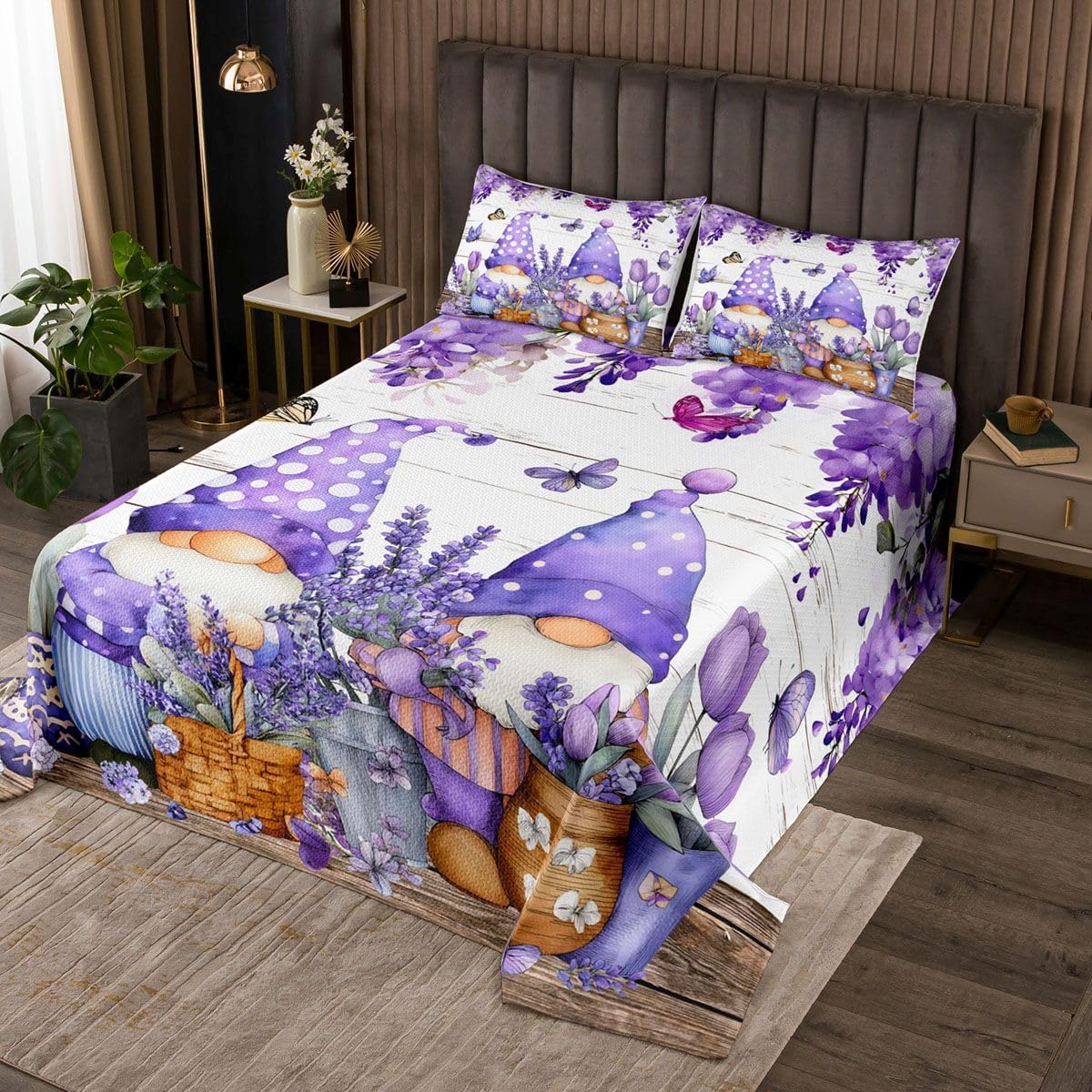 Erosebridal Gnome Bedspread Set King,Purple Butterfly Floral Quilt Set for Girls Women Kids,Rustic Cabin Style Flowers Coverlet Set,Wildlife Animal Butterflies Flower Bed Set