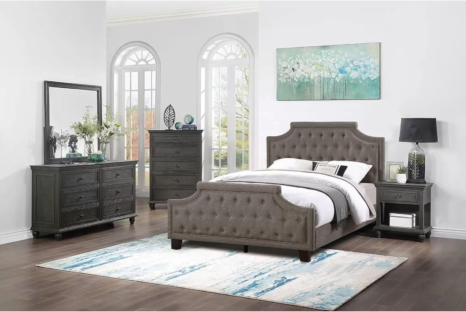 Benjara Gia Upholstered King Size Bed in a bedroom setting