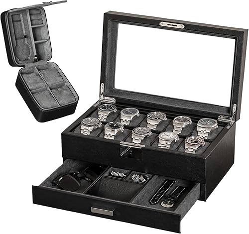 Juego de regalo Caja de reloj de cuero con 10 ranuras con cajón de valet y funda de viaje a juego para 5 relojes, organizador de exhibición de