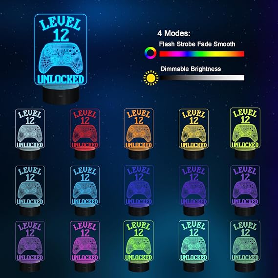 YuanDian Gamer Gifts, Level 12 Unlocked Gaming Controller Graphic Funny 3D Illusion Lamp 16 Colors Changing Touch & Remote Control, Desk Decor Gift for Gamers Teenagers and Kids