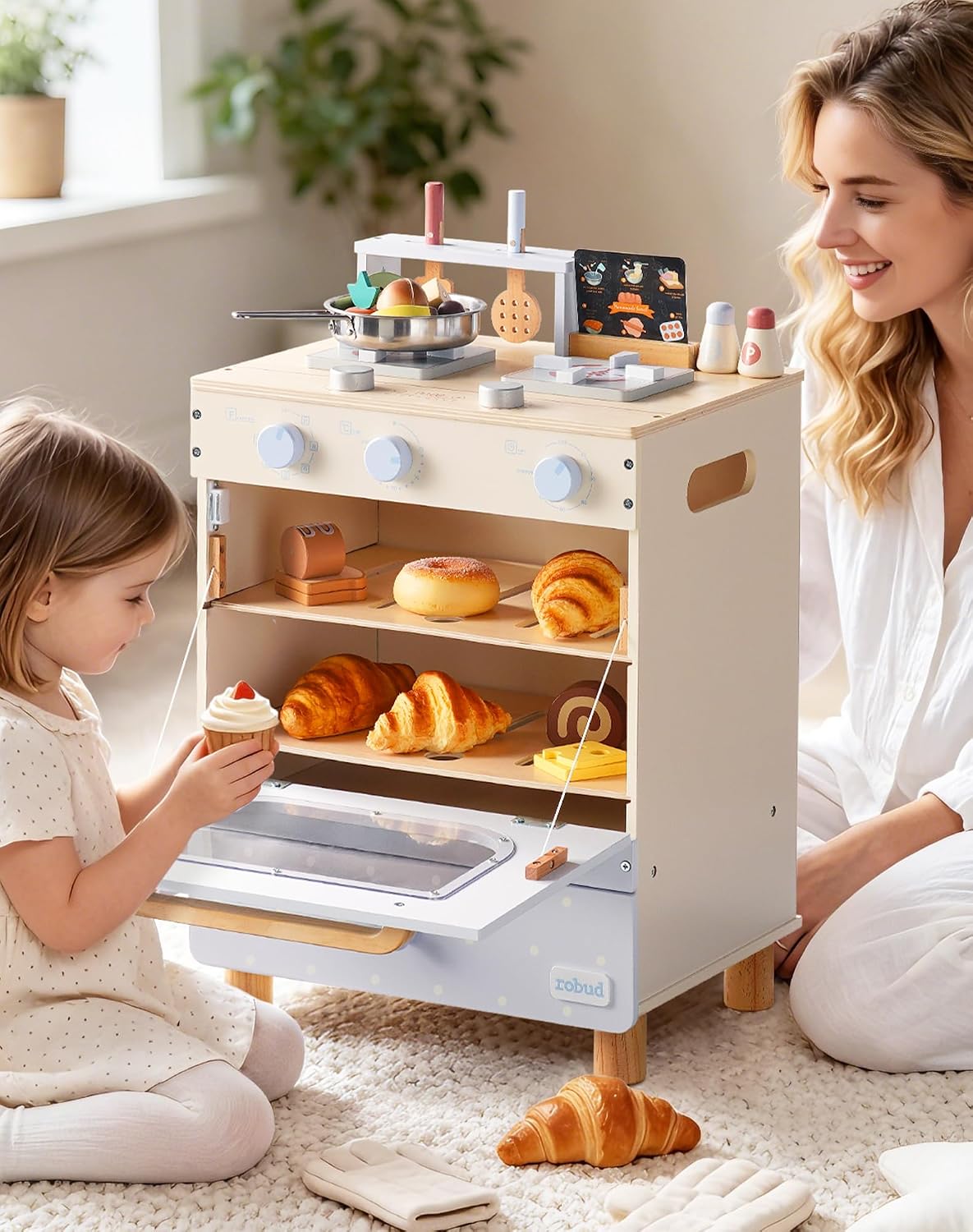 ROBUD Wooden Toy Oven Play Kitchen Set, Blue Toy Kitchen with Kitchenware, Recipes and Spice Bottles for Nursery, Playroom, Birthday Gift to Kids Age 3+, WCF67