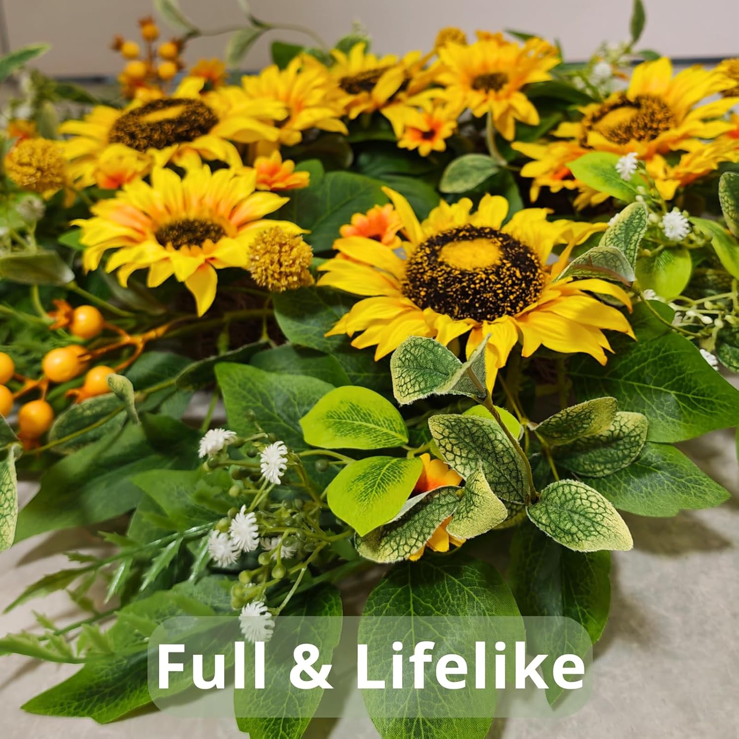 Sunflower Wreath for Front Door, 24–26 Inch Spring & Summer Wreath with Lifelike Sunflowers, Handmade Outdoor Wreath for Front Door, Spring Home Decor