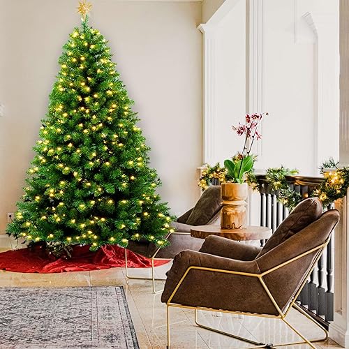 Miniatura 2 de YULETIME Árbol de Navidad preiluminado de 6.5 pies, árbol decorativo artificial verde con bisagras con 300 luces LED de color blanco cálido (6.5