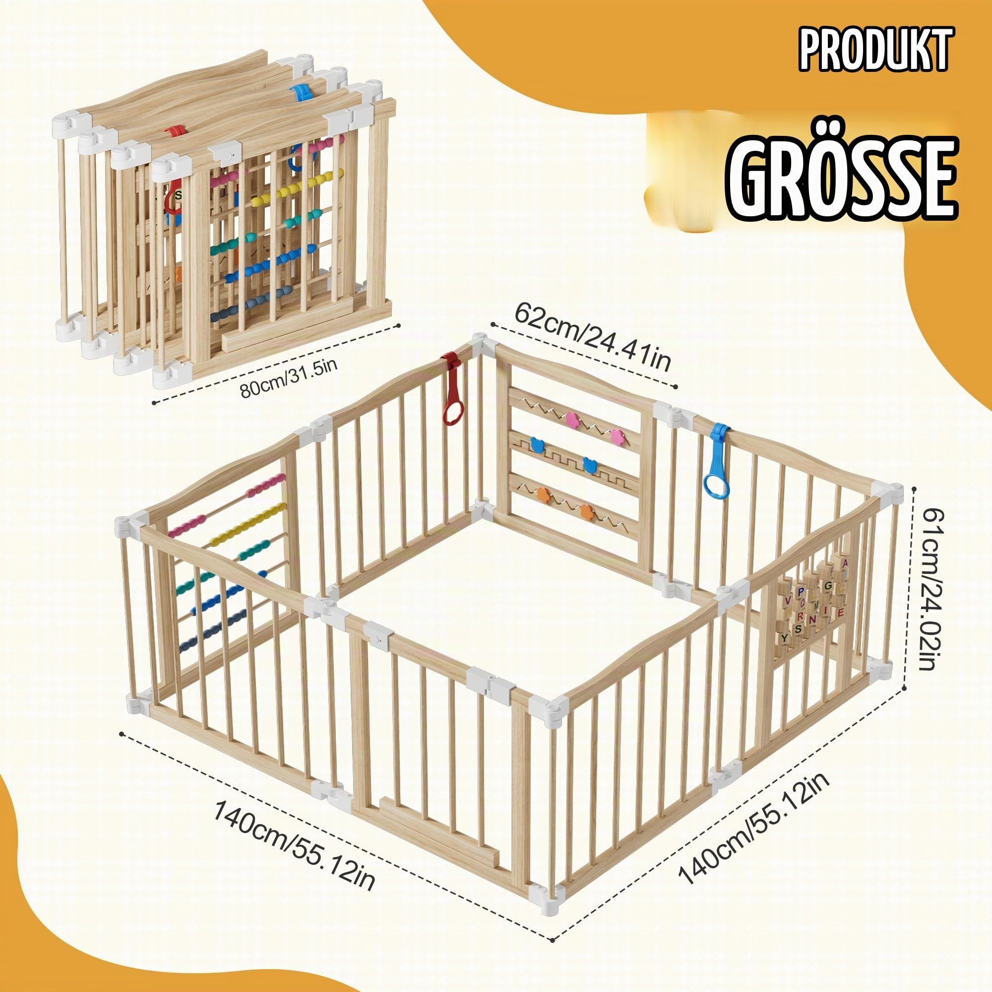 MSFE Laufstall Baby Faltbar Holz,8 Paneele Wooden Baby Playpen Verstellbare Multi-Shape & Größe mit Tür,Sicherheitsverschluss und Spielpaneelen für Wohnzimmer,Schlafzimmer und Kindergarten