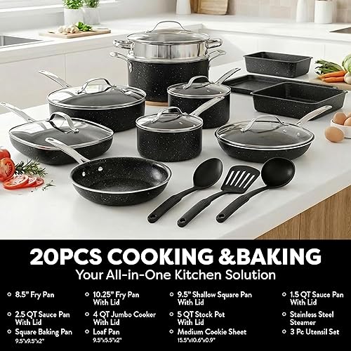 Miniatura 2 de GRANITESTONE Juego completo de 20 ollas y sartenes antiadherentes con sartén, utensilios para hornear, vaporizador, utensilios de cocina, hechos sin