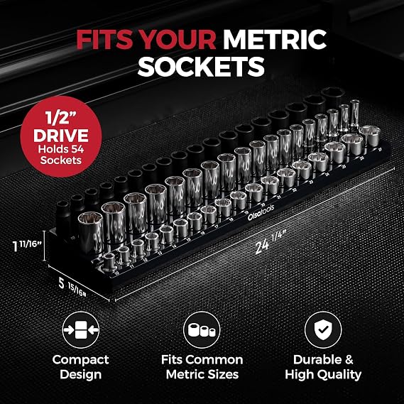 Olsa Tools Magnetic Socket Holder 1/2-Inch Drive Metric, Black, 54 Slots