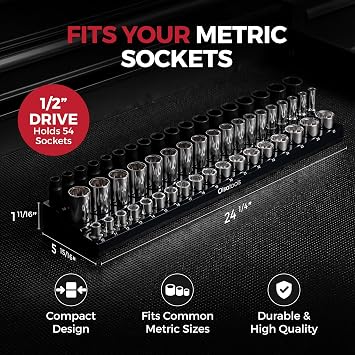 Olsa Tools Magnetic Socket Holder 1/2-Inch Drive Metric, Black, 54 Slots