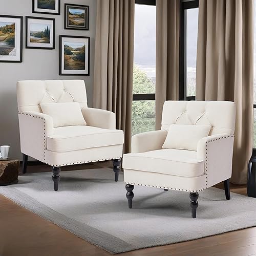 Miniatura 31 de HUIMO Silla de club copetuda, silla decorativa con almohada lumbar, sillón con botones de tela de lino, sillas tapizadas para dormitorio, sala de