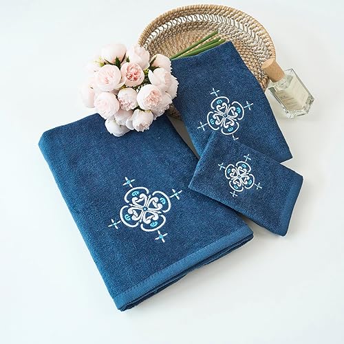 Miniatura 3 de Marina Decoration Premium Luxury Decor Ultra Soft 100% algodón bordado juego de toallas de baño moderno de 3 piezas, Blasón blanco con patrón de