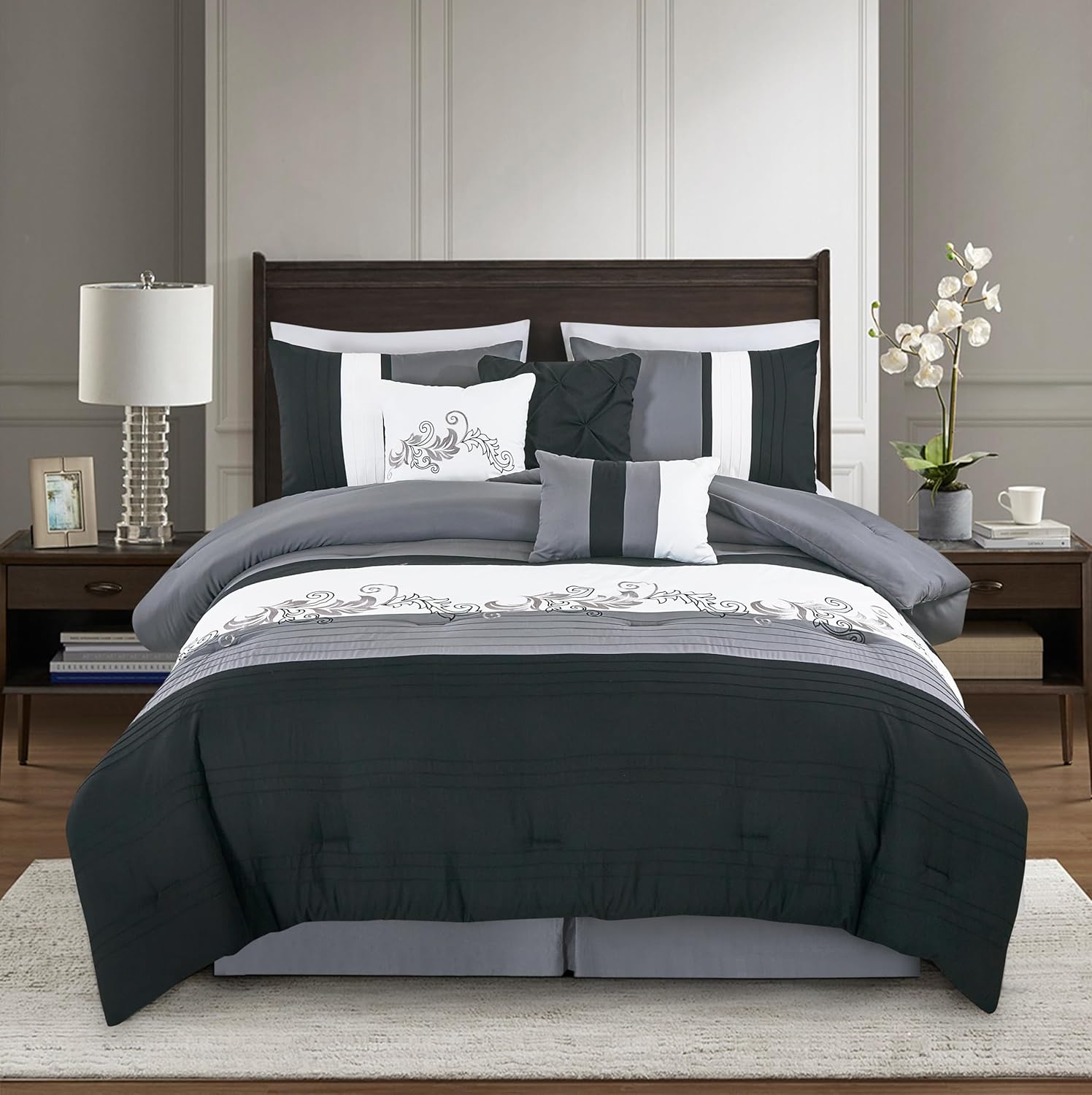 Chezmoi Collection Napa 7-Piece Luxury Leaves Scroll Embroidery Bedding Comforter Set (Queen, Black/Gray/White) - Image 2