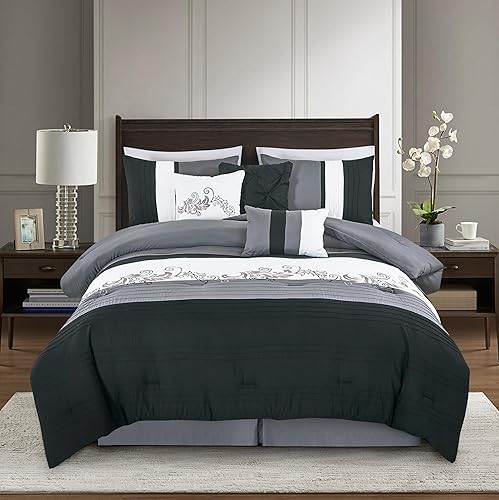 Vista 2 de Chezmoi Collection Napa - Juego de edredón de lujo de 7 piezas con bordado de hojas (tamaño matrimonial, negro/gris/blanco)