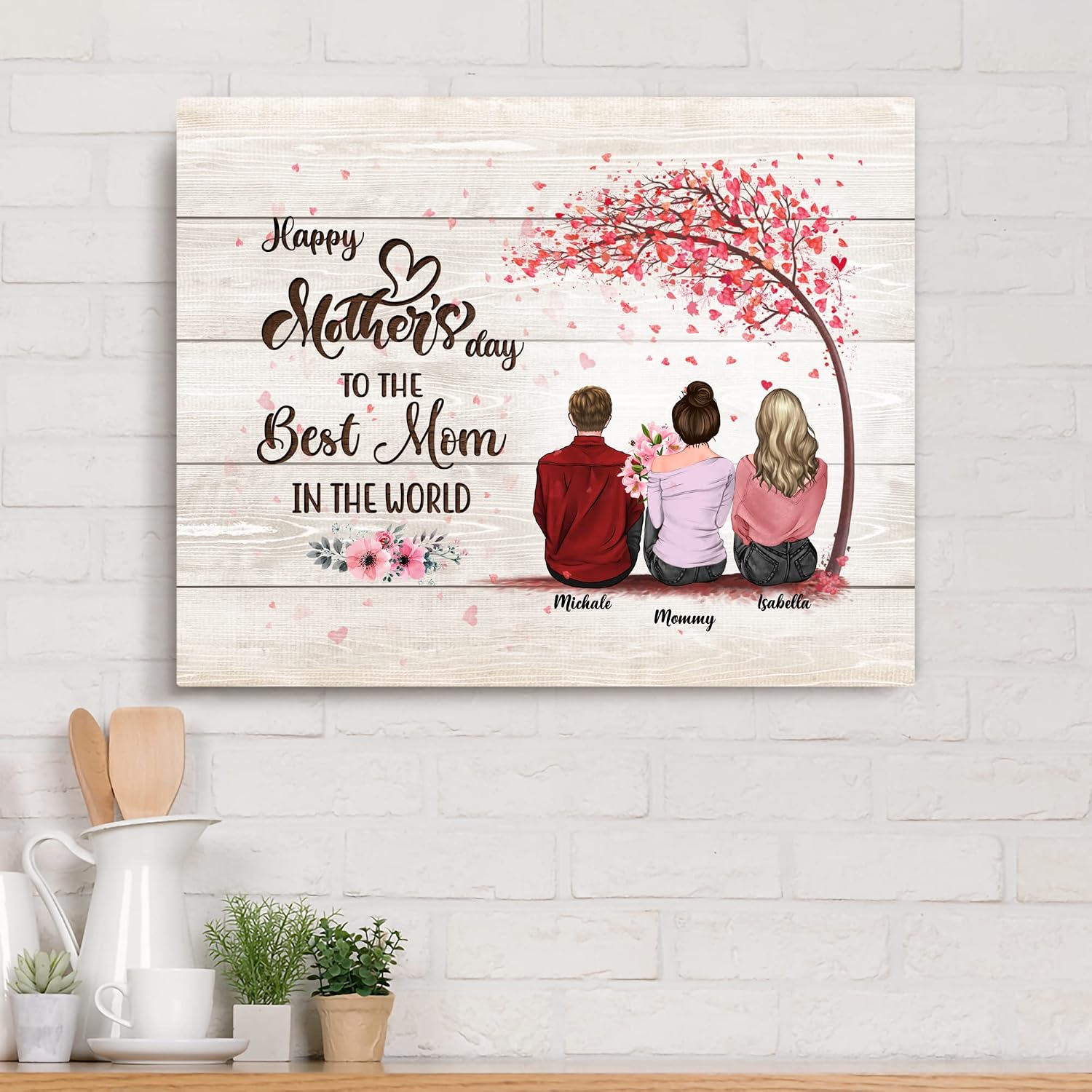 GOSSBY Personalized Custom Canvas (Mother Daughter and Son) Happy Mother's Day To The Best Mom In The World Custom Mom Birthday Canvas Gifts for Mom, Mothers Day, Canvas Wall Art Personalized Birthday