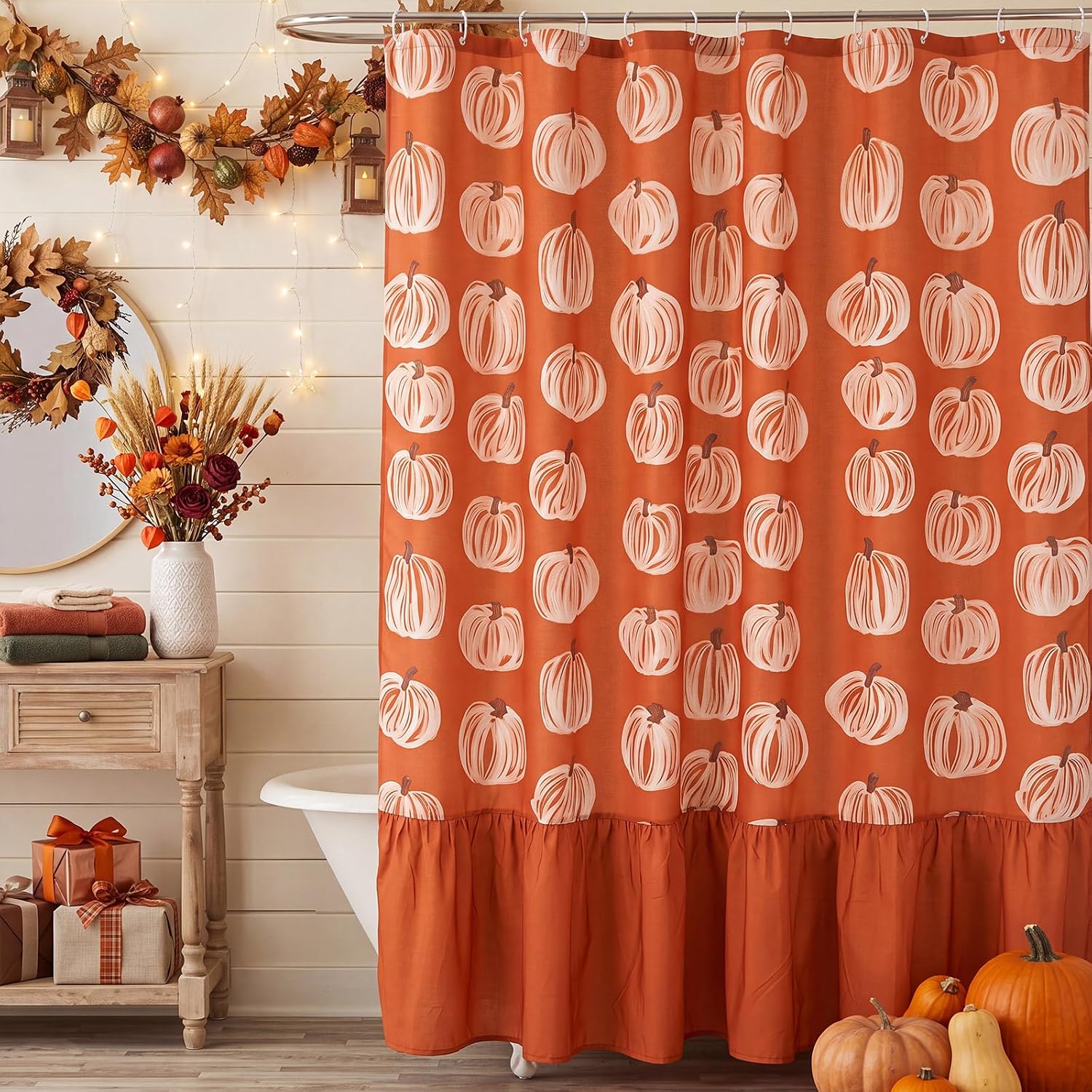 Irenare Orange Pumpkin Fall Shower Curtain, Fall Ruffle Bathroom Decor