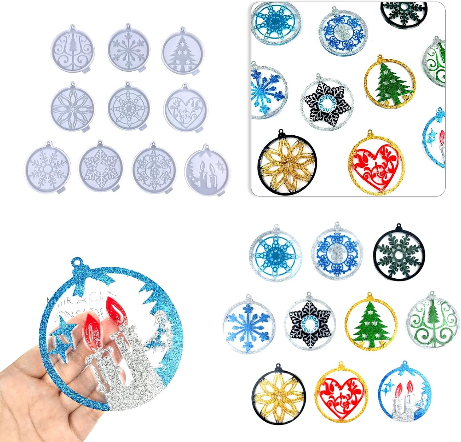 Christmas Resin Molds, Large Round Silicone Christmas Elements Ornaments Pedant Epoxy Resin Casting Molds for Christmas Tree Decorations, Jewelry, Keychain Making DIY Crafts (10PCS)