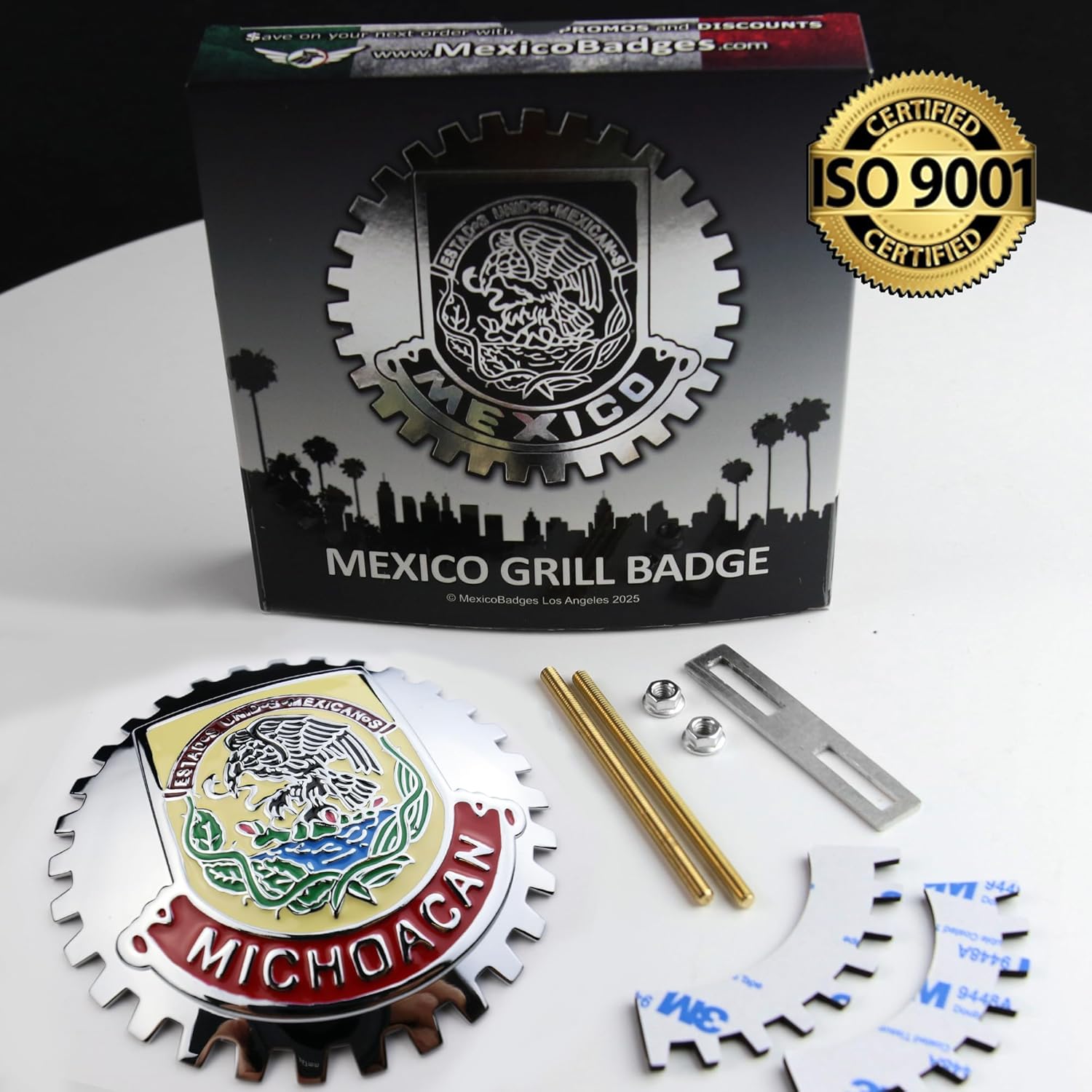 Premium Michoacan Mirror Chrome Red ISO 9001 Mexico Eagle Flag Grill Badge Mexican Emblem for Trucks and Cars