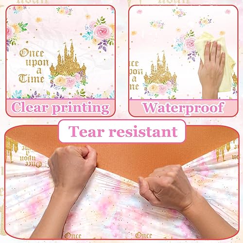 Miniatura 6 de Dydamud Manteles de fiesta de té de princesa, mantel de castillo de princesa, 3 piezas Upon a Time, mantel floral rosa para fiesta de cumpleaños de