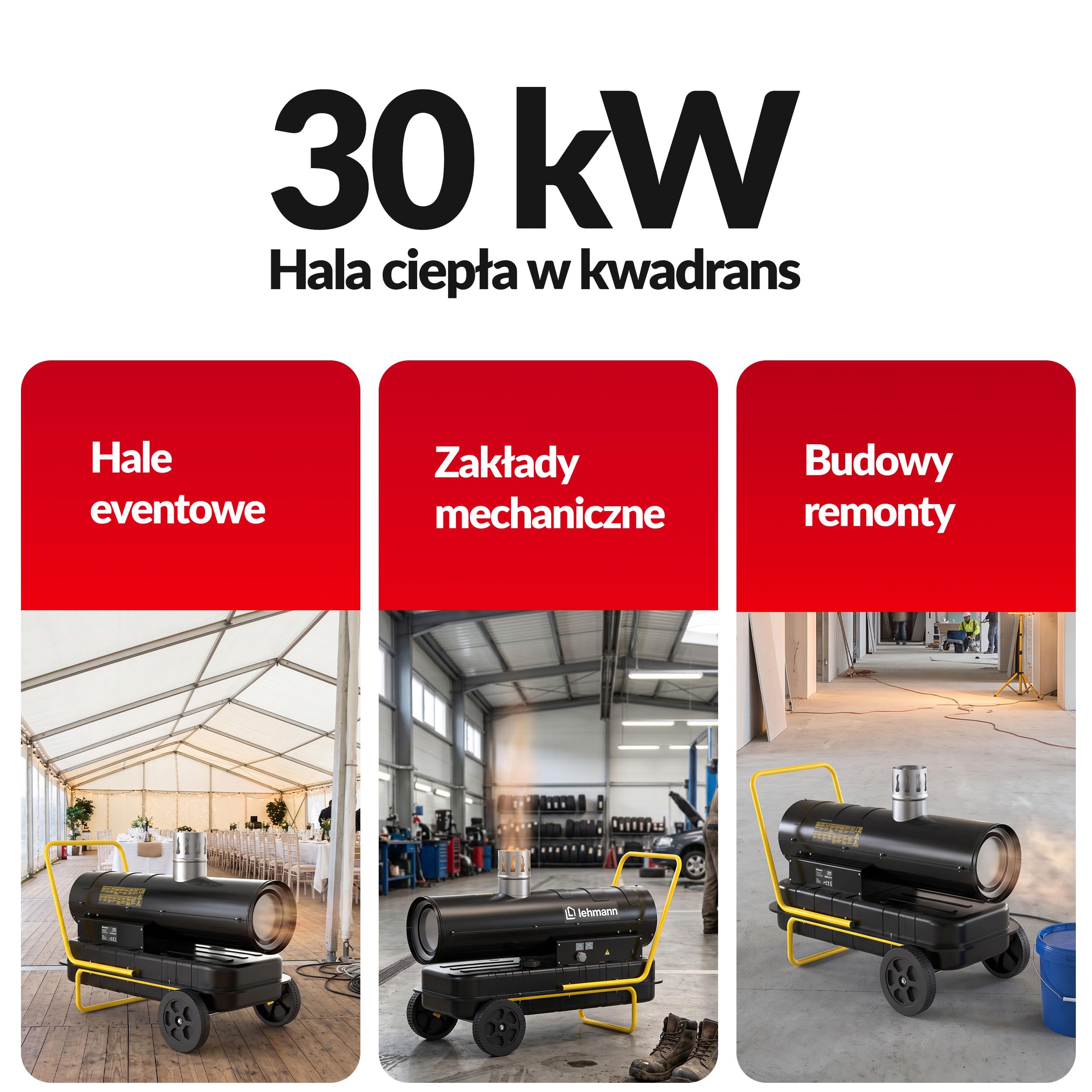 LEHMANN Nagrzewnica Olejowa 30 kW z Kominem, Nagrzewnica Diesla 793 m³/h, Nagrzewnica Nadmuchowa, Budowlana, Pośrednie Spalanie, Termostat, Zbiornik 50 l, Warsztat, Budowa, Magazyn