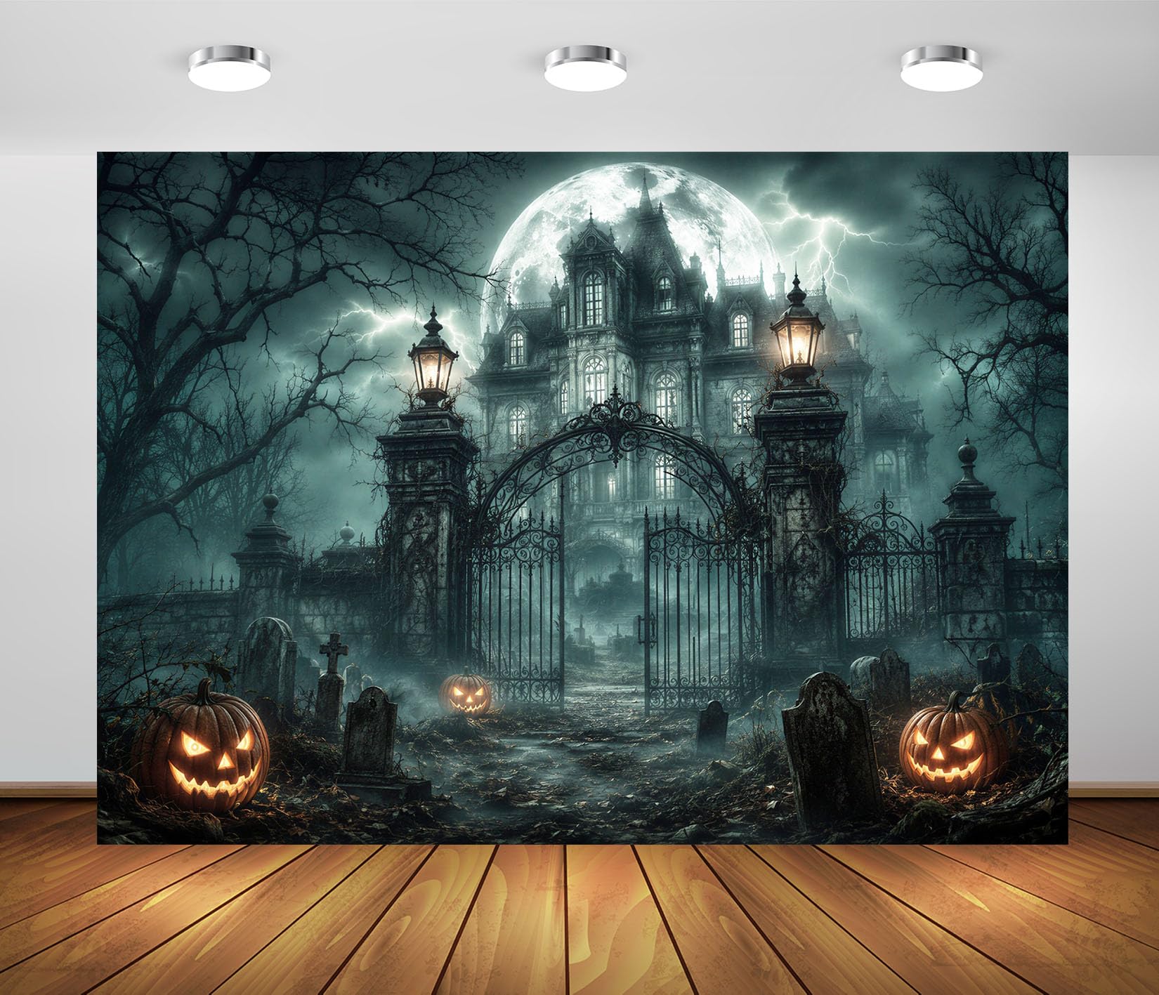 BELECO 5.2x3m Tessuto Sfondo Halloween Villa Infestata Cimitero | Casa Infestata Spaventosa Zucca Lapide Fulmine Luna Piena Sfondo Festa Orrore Telo Di Sfondo