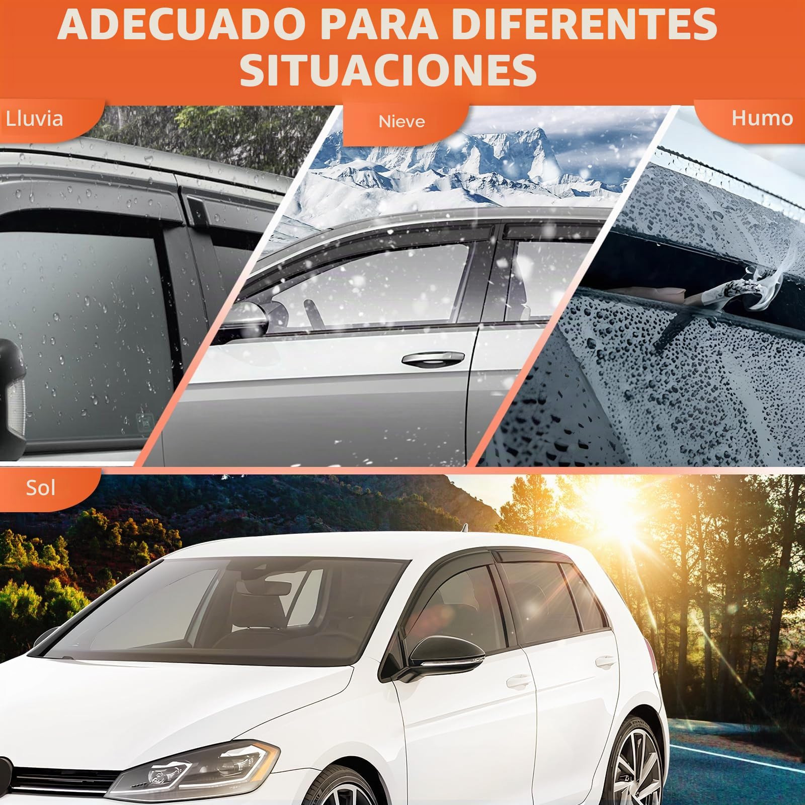 GEARMONSTER Deflectores de viento compatibles con VW Golf 7 / VII 2014-2020, autoadhesivos, protector de lluvia para ventanas de coche, tape-on, 4 piezas, negro