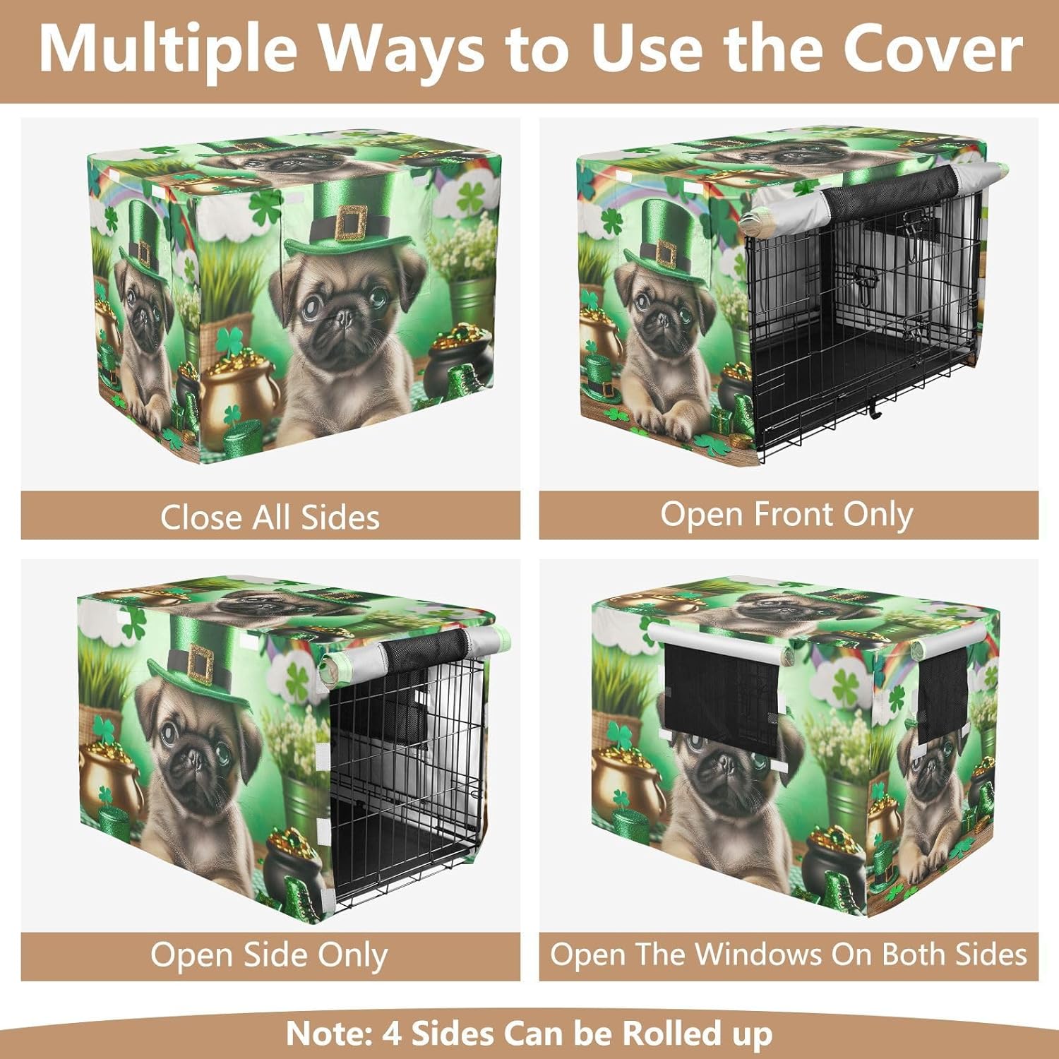 Saint Patrick Day Cute Pug Puppy Dog Crate Cover Universal Size Fit, Pet Cage Cover with Mesh Windows, X-Large
