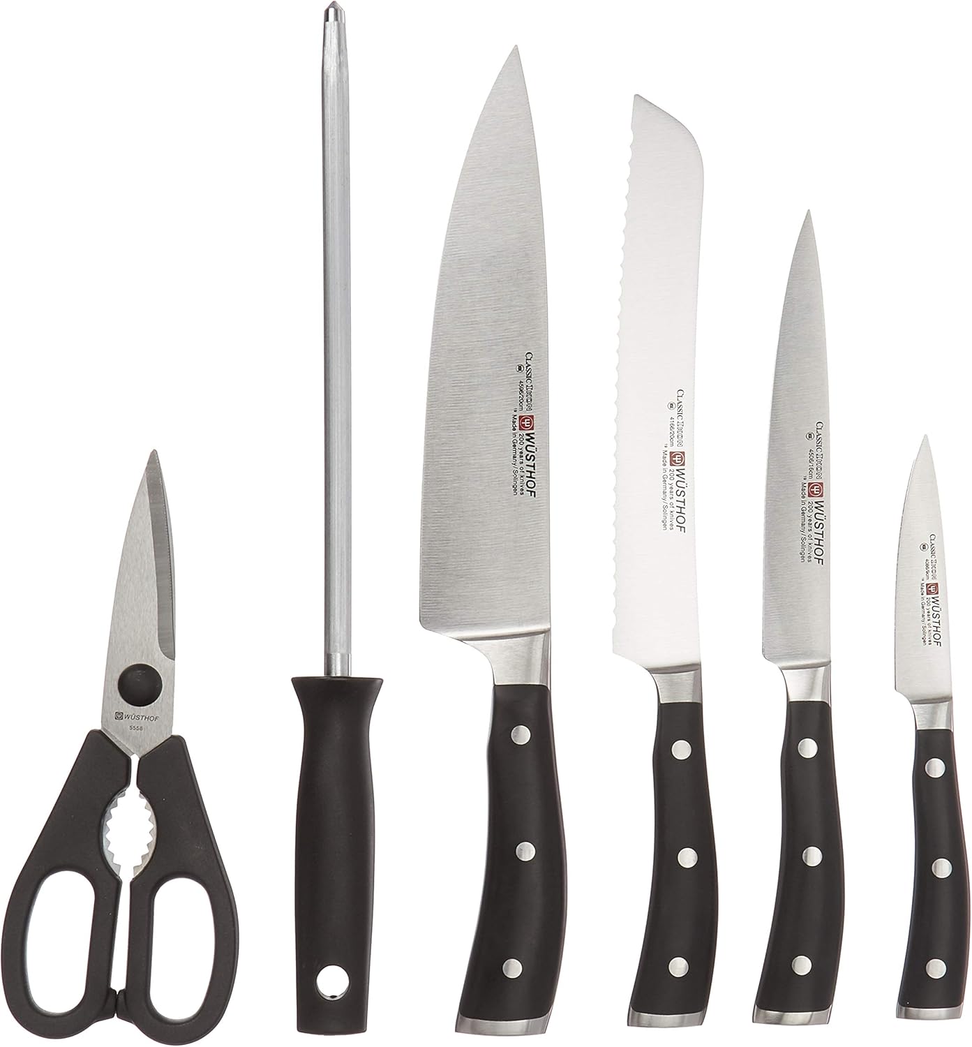 Wüsthof Seven Acacia Block 7-Piece German Set | Precision Forged High Carbon Stainless Steel Kitchen Knife, 15 Slot Wood, Model 8347-6