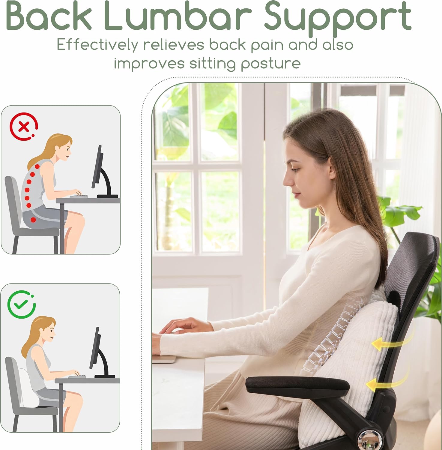 Lumbar Support Pillow for Recliner Chair/Accent Chair/Couch/Office Chair, Tufted Corduroy Back Support Cushion for Elderly, M-Shaped Recliner Cushions for Back Rest, Pain Relief, Reading, Beige