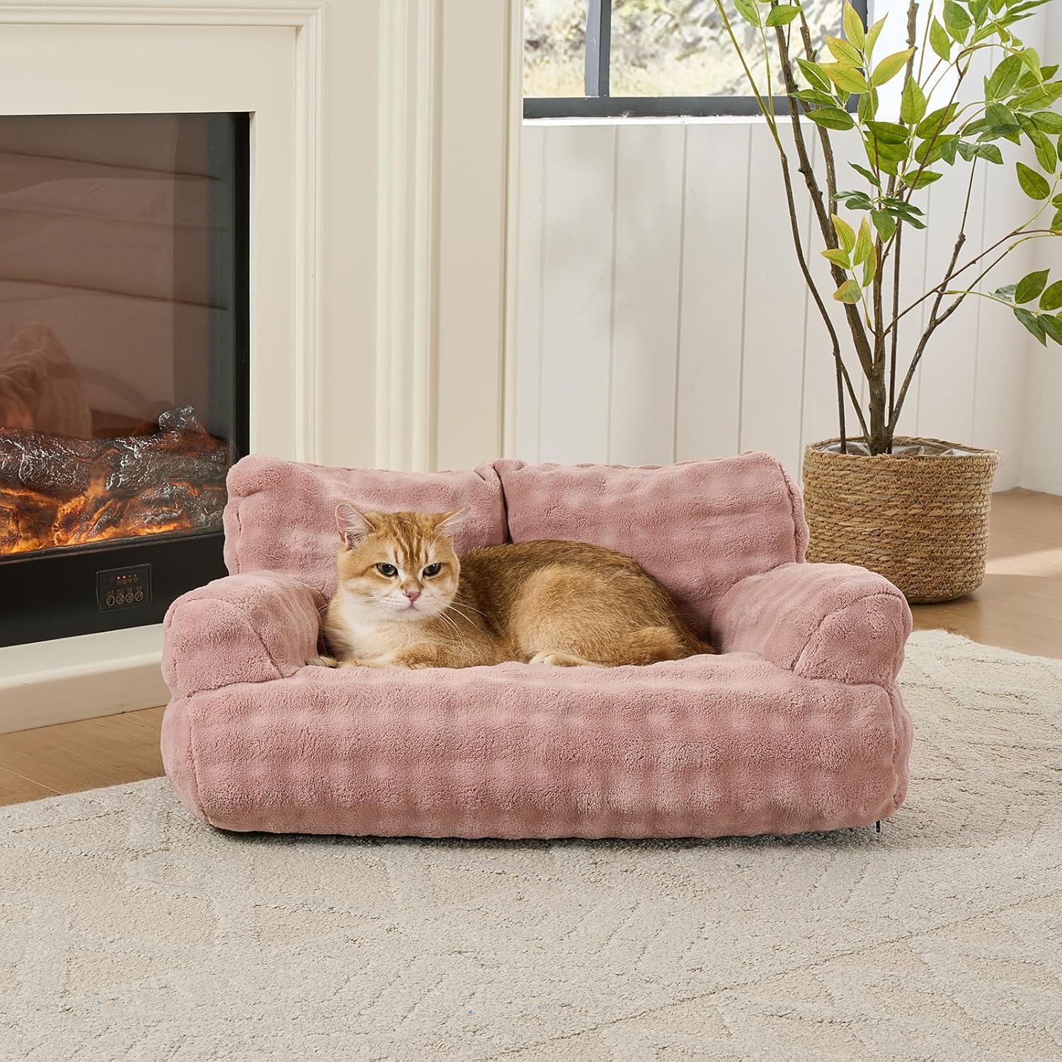 Cat Couch Bed, Cute Soft Pet Sofa for Indoor Cats Kittens Puppies with Removable Washable Cover, 26"x15", Dusty Pink