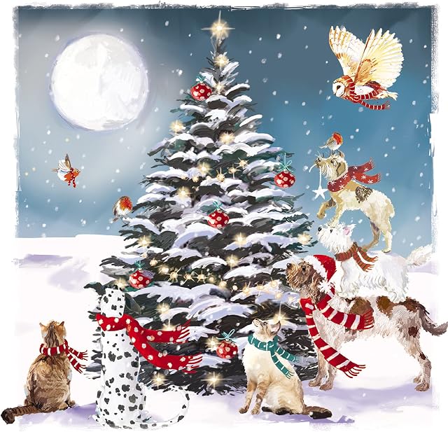 Ling Design Pack of 6 Charity Christmas Cards - 'Festive Animals Around the Tree' - 6 Cards of 1 Lovely Design