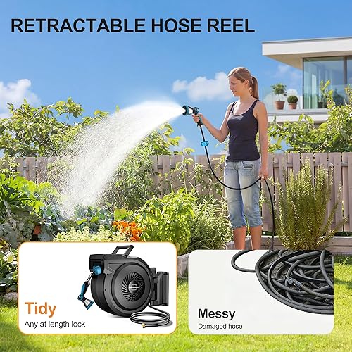 Miniatura 4 de Carrete de manguera de jardín retráctil - 5/8 pulgadas x 90 pies, carrete de manguera montado en la pared con boquilla de 10 patrones y bloqueo de