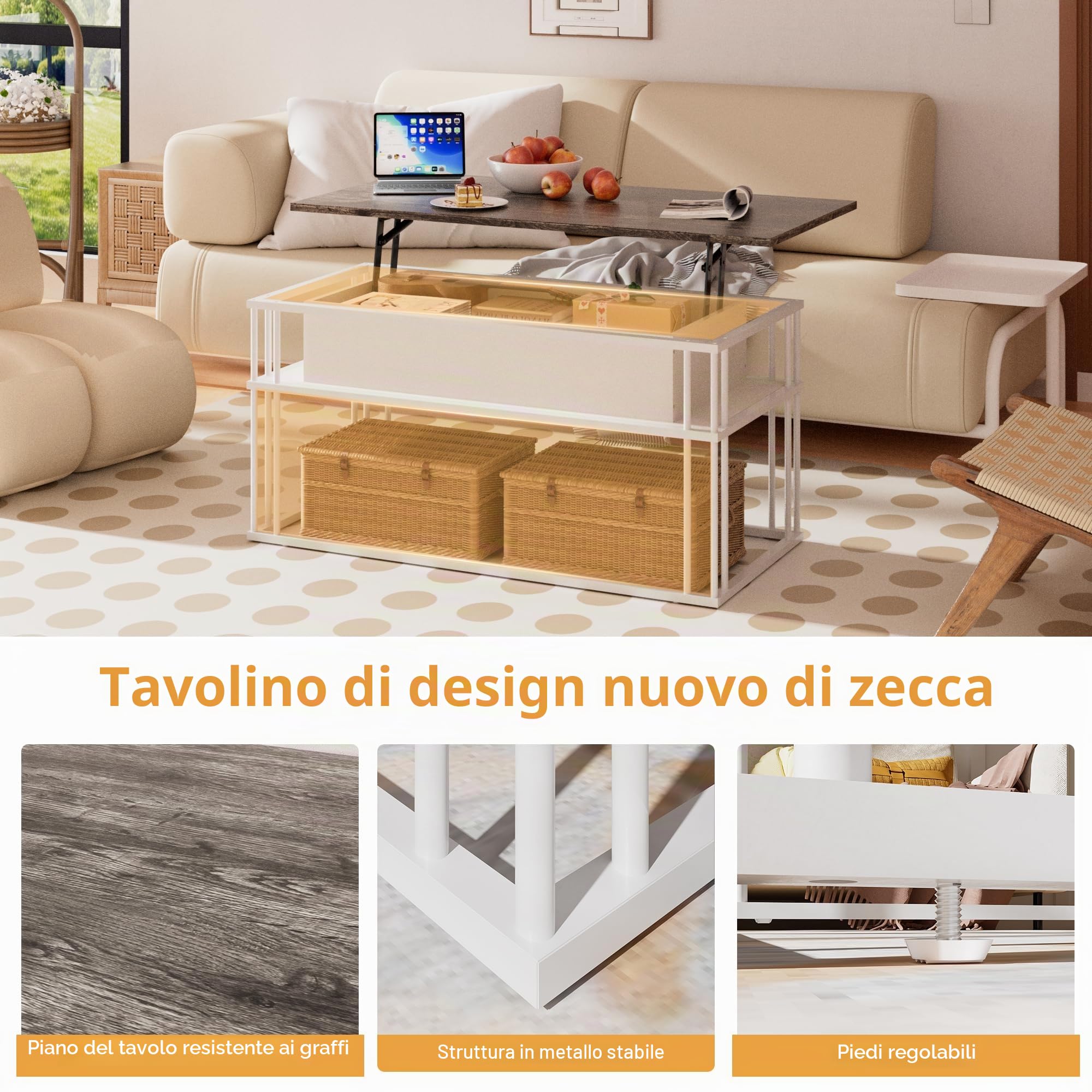 Tavolino da Salotto con Piano Sollevabile – Tavolino da Caffè Moderni, Struttura Metallica Stabile & Contenitore Nascosto, Tavolino Centrale per Soggiorno, Piccoli Spazi, Home Office