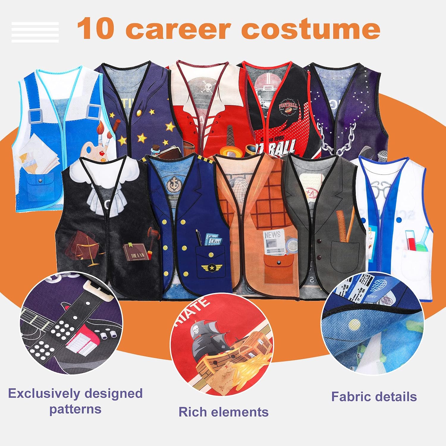 Threan 10 Pcs Kids Dress Up Vest Children Role Play Vest Career Costume for Dramatic Pretend Play Party Supplies, 17 x 13.8 Inches(Cool Style)