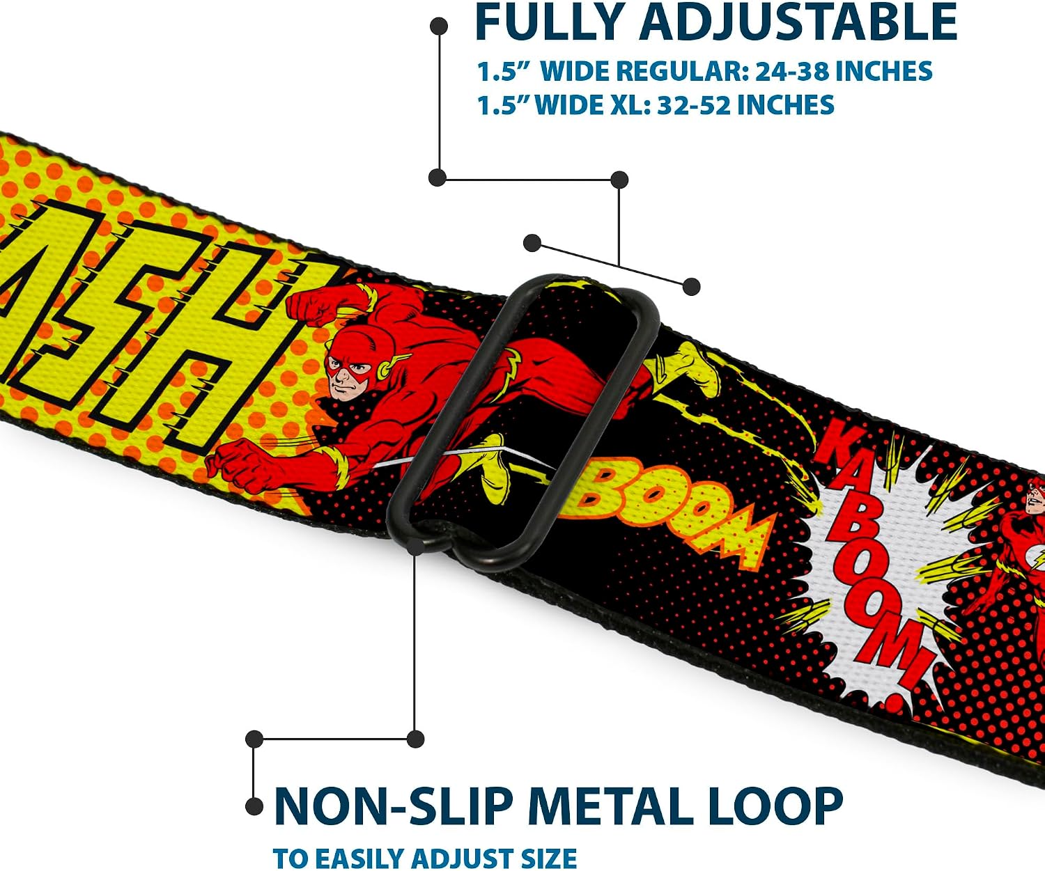 Buckle-Down Seatbelt Belt - The Flash BOOM-KABOOM! - 1.0" Wide - 20-36 Inches in Length