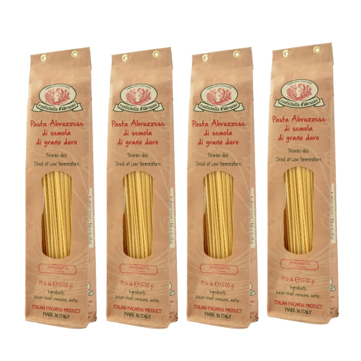 Rustichella d'Abruzzo Spaghetti, Classic Italian Long Pasta with Superior Flavor & Texture, Perfect for Olive Oil Sauces, Cacio e Pepe & Carbonara, Authentic Durum Wheat from Abruzzo, 500g, 4-Pack