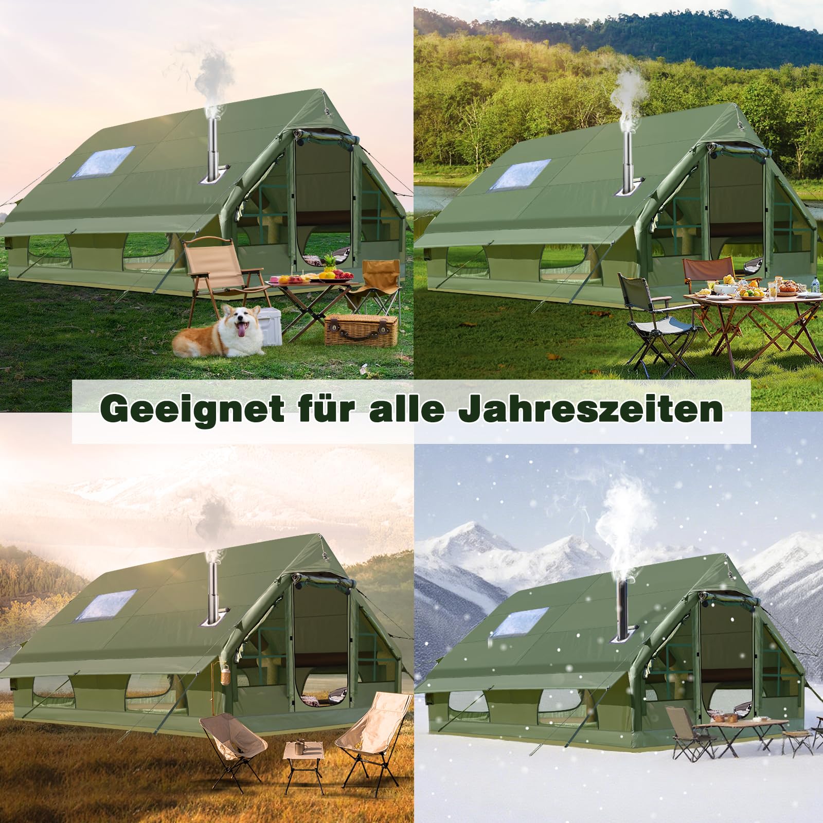 Tenda gonfiabile da campeggio con pompa, 420D Oxford Glamping, tenda gonfiabile per campeggio, impermeabile fino a 3000 mm, 4 stagioni, antivento, con finestra in rete e porte per 2-10 persone