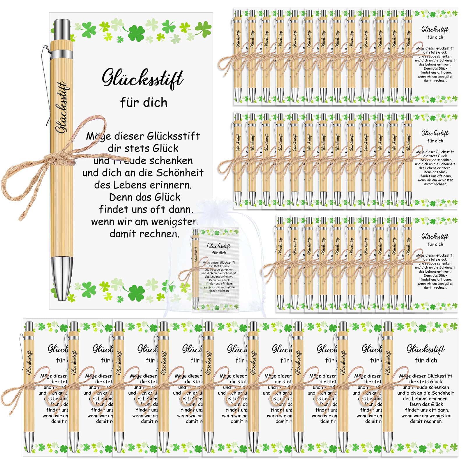 Tenare 45 Juegos de Regalos de Bolígrafos de la Suerte Bolígrafos Inspiradores con Bolsa de Organza de Cartulina Bolígrafo de Madera Bolígrafos con Grabado para Animar a los Compañeros de Exámenes