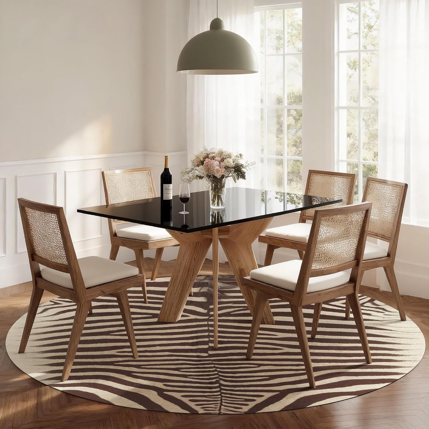 Taupe Brown Zebra Print Faux Cowhide Round Rug, 3x3 ft Ultra-Thin Rustic Cowhide Look Non-Slip Circle Mat for Modern Living Spaces, Western Home Decor
