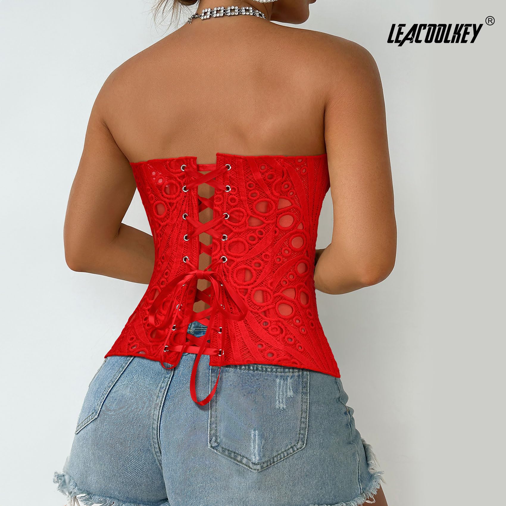 LEACOOLKEY Corpetto Corsetto in Pizzo Floreale Trasparente con Lacci per Donna Top,Rosso,S