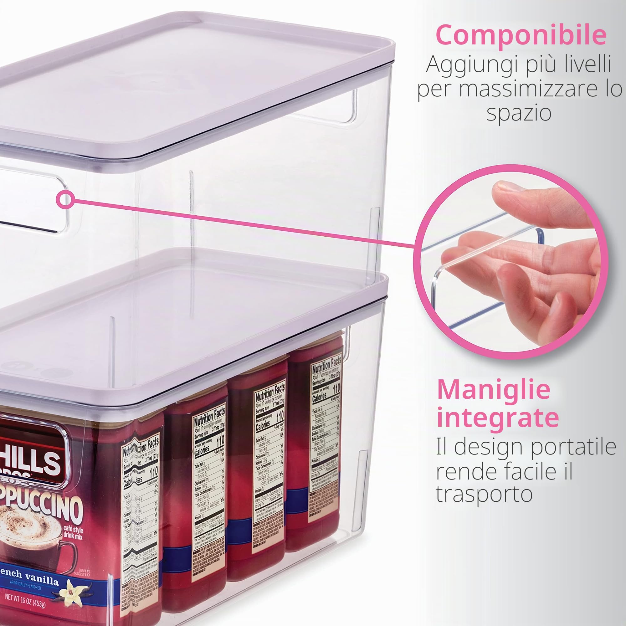 iDesign Organizer cassetti, Organizer cucina dalla serie di Rosanna Pansino, Organizer bagno in plastica riciclata con manici e coperchio, trasparente e viola