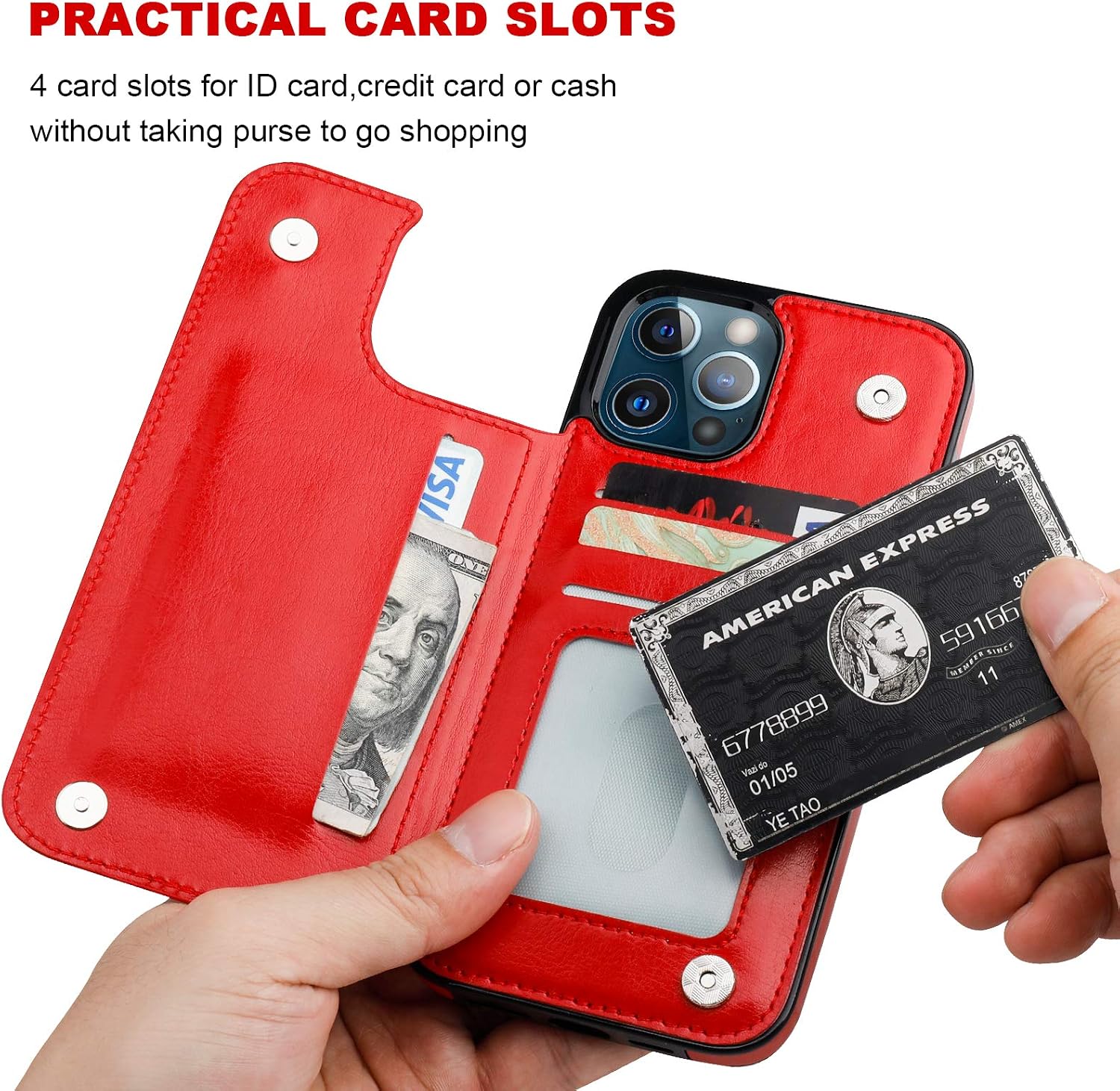 ONETOP Compatible with iPhone 12 Pro Max Wallet Case with Card Holder,PU Leather Kickstand Card Slots Case, Double Magnetic Clasp and Durable Shockproof Cover 6.7 Inch(Red)