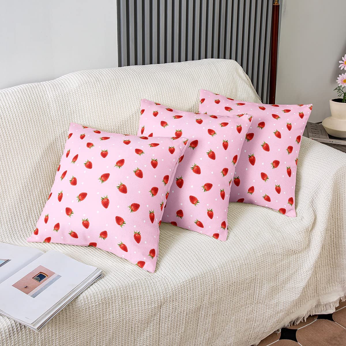 Loussiesd Set of 2 Strawberry Throw Pillow Covers Kawaii Strawberry Print Cushion Case for Home Living Room Decor Reversible Cute Anime Fruit Pink Decorative Throw Cushion Case 20x20 Inch - Image 4