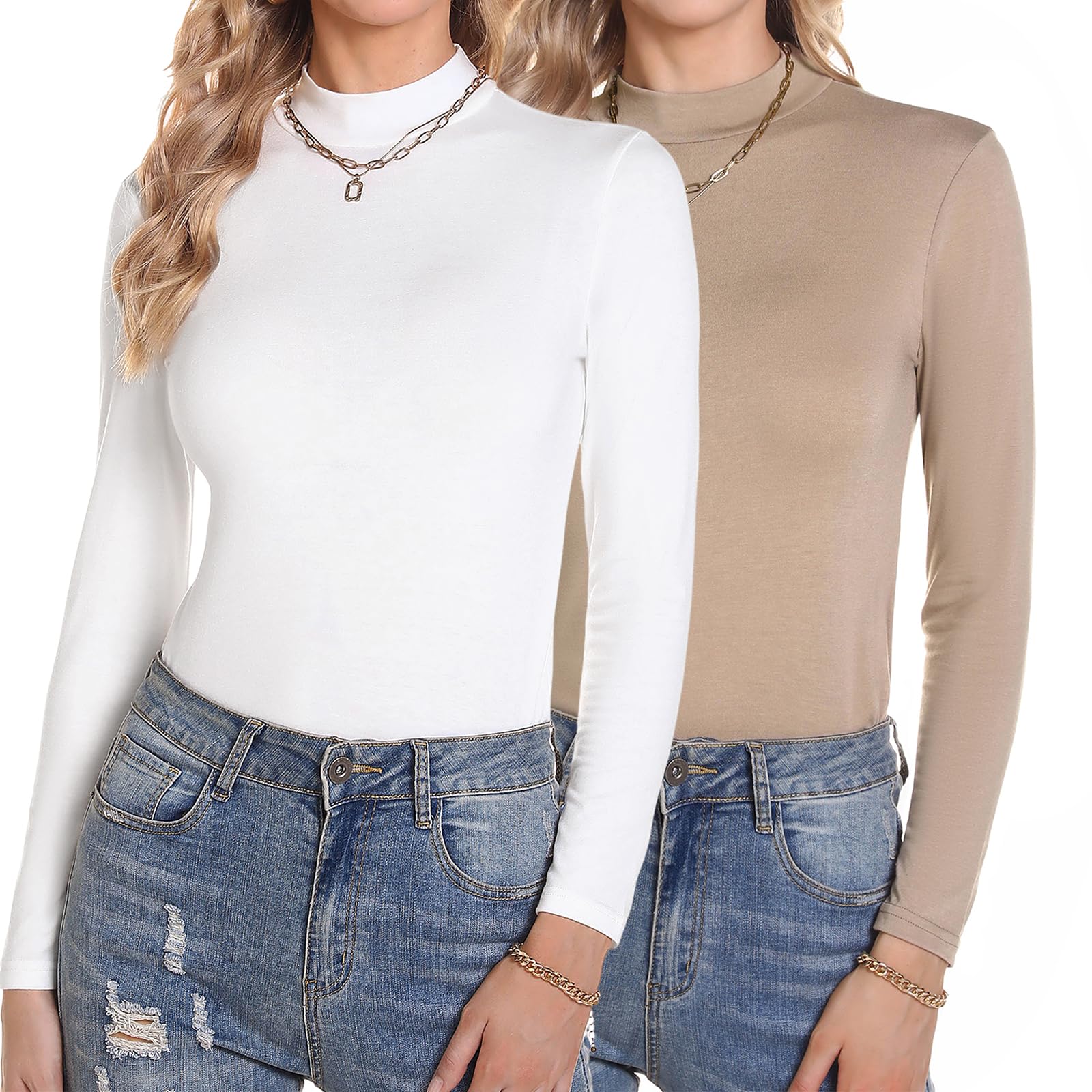 Aottori Damen 2 Pack Langarmshirt Set Stehkragen Rollkragenshirt Baumwolle Elegant Basic Oberteile Langarm Unterhemd Winter T-Shirt Stretch Tops