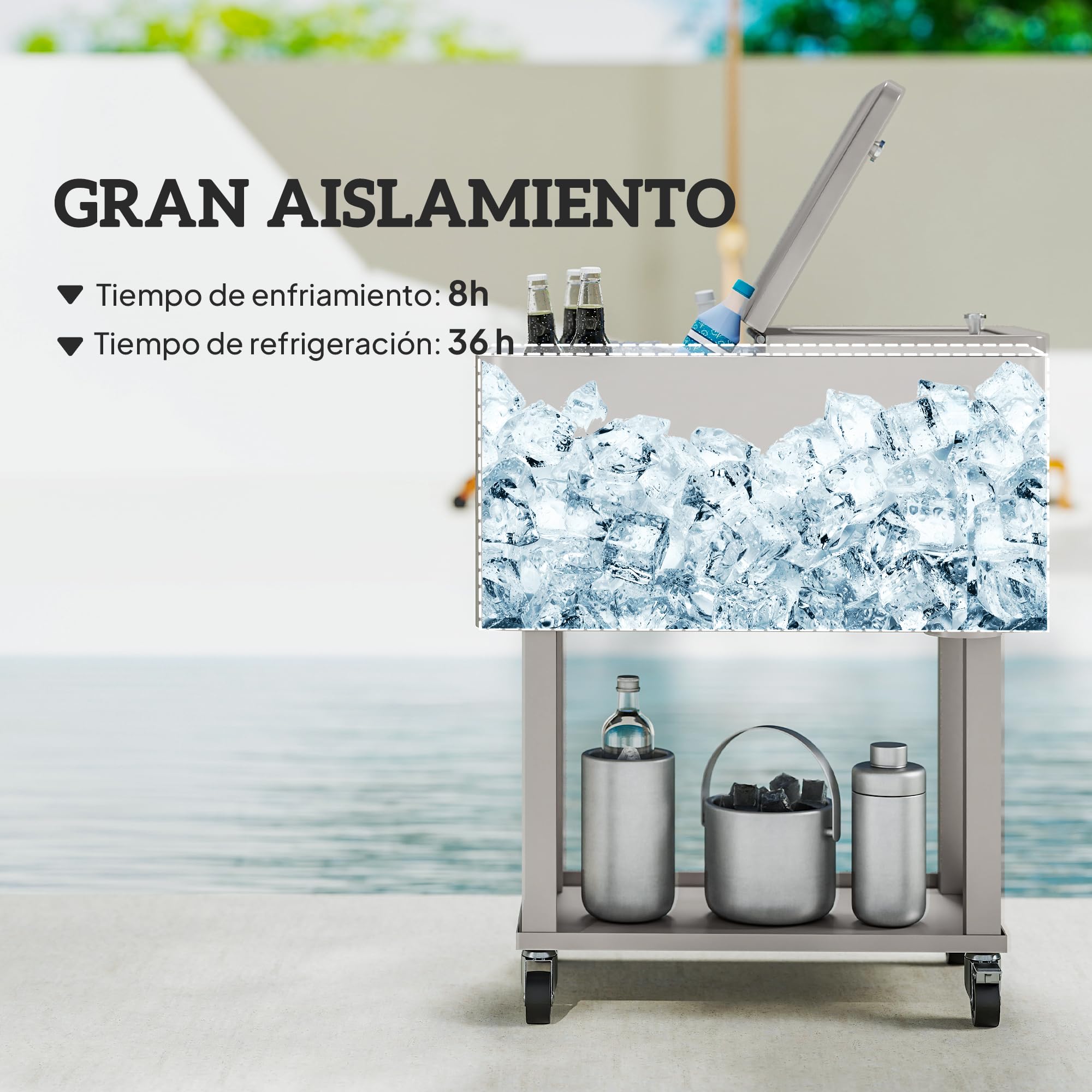 Outsunny Carro de Bebidas Refrigerado 56L Carro Nevera con Ruedas Abrebotellas y Estante para Patio Fiesta Terraza 67x35x80 cm