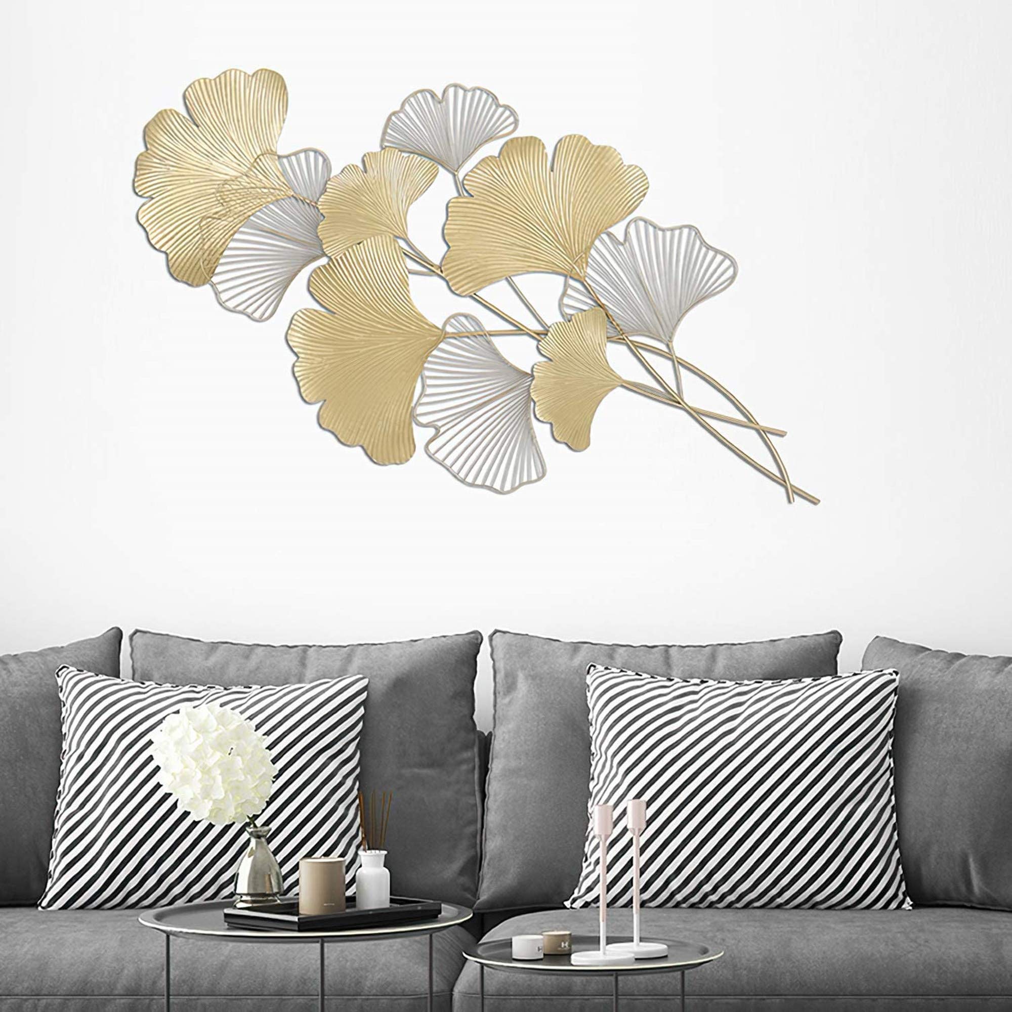 Exquisita Escultura de Pared de Metal 3D, Escultura Moderna de Hojas de Ginkgo, decoración de Fondo Colgante, artesanía Europea Hecha a Mano con Flores, Ideal para el hogar, Hotel y cafetería.
