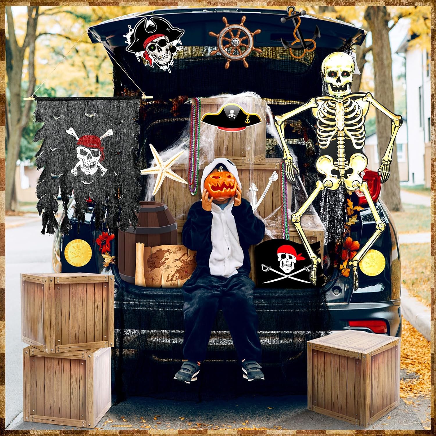 Sosation Pirate Halloween Trunk or Treat Car Decorations Kit 26 Pcs Halloween Crossbones Pirate Themed Car Archway Entryway Garage Door Decorations Haunted Home Outdoor Party Decor Supplies