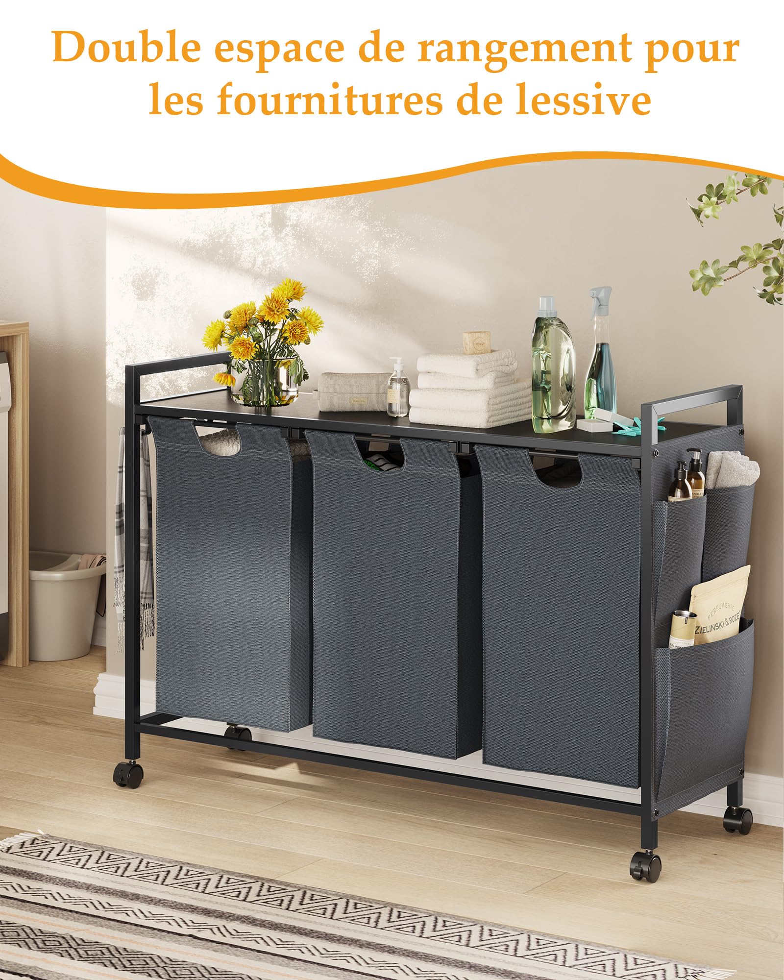 Panier à Linge 3 Compartiments 68,6 X 33 X 80,5 Cm Corbeille 100 Litres Bac Roulettes - Panier à linge