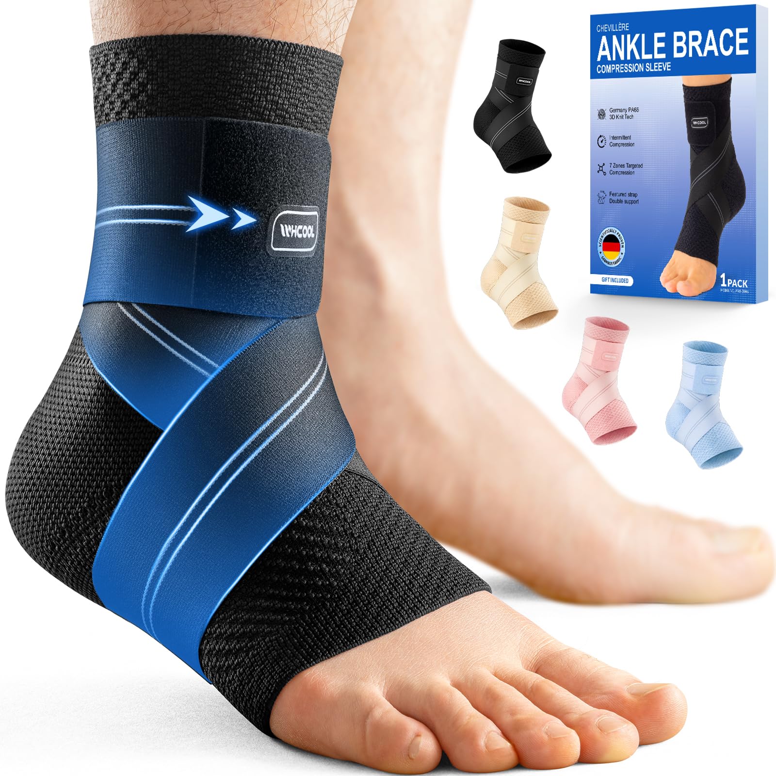 WHCOOL Flache Strick Knöchelstütze für Damen & Herren, 7-Zonen-Dynamische Kompressionsmanschette mit Flex-Gurt, Fußstütze für Sport, Verstauchte Knöchel, Achillessehnenentzündung，S, Schwarz