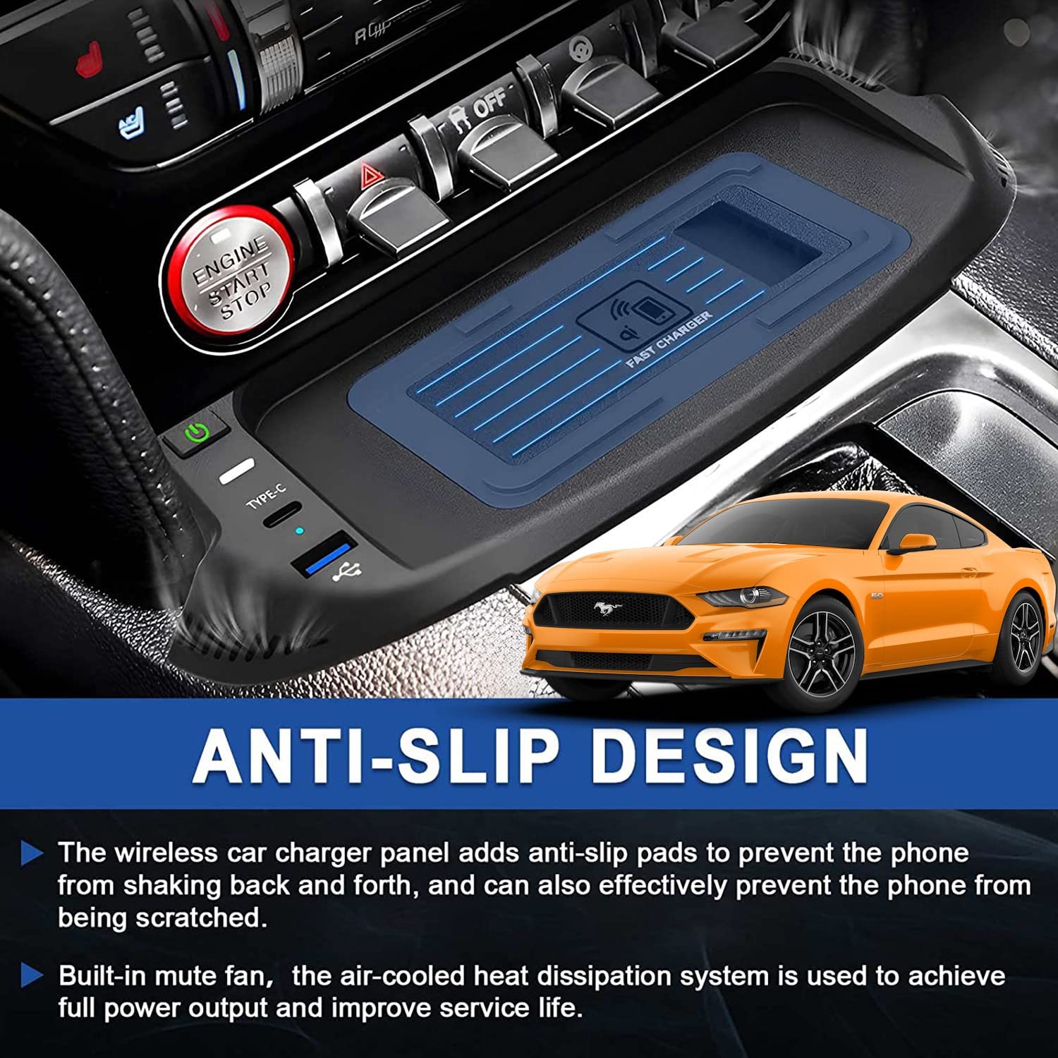 Kabelloses Ladegerät Auto für Ford Mustang Coupe Convertible GT Shelby 2015-2023, 15W Wireless Schnellladendes Handy-Ladegerät mit QC3.0-USB-Anschluss für iPhone 12/13/13Pro Samsung S22/S21
